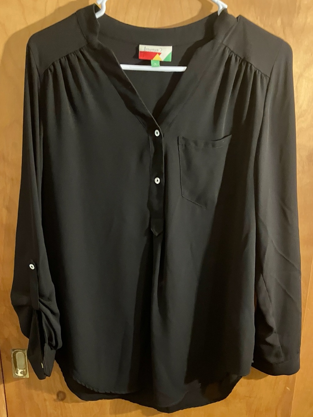 Women's Black Chiffon V-Neck Button-Front Blouse with Chest Pocket